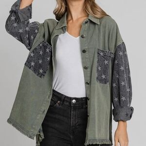 Mineral washed denim and star printed shacket with frayed hem